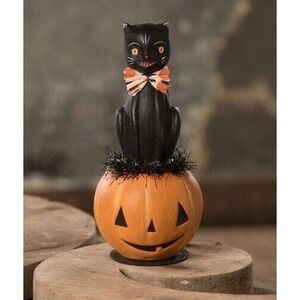 Bethany Lowe Halloween KITTY ON JACK O'LANTERN Black Cat Figurine ML0428 New